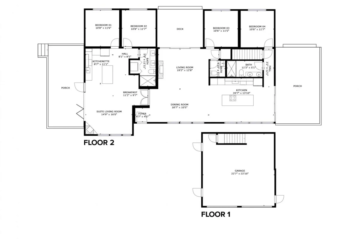 A wide-angle view connecting the kitchen, living room, dining area, and a deck, seamlessly showcasing the villa’s open-plan layout. Natural light pours in, and the deck just outside promises effortless indoor-outdoor living and moments of celebration.